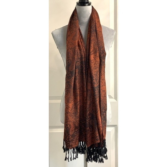 Pashmina Paisley Rectangular Wrap Scarf Fringed Shawl Luxury Burgundy Red Cozy - Picture 4 of 5